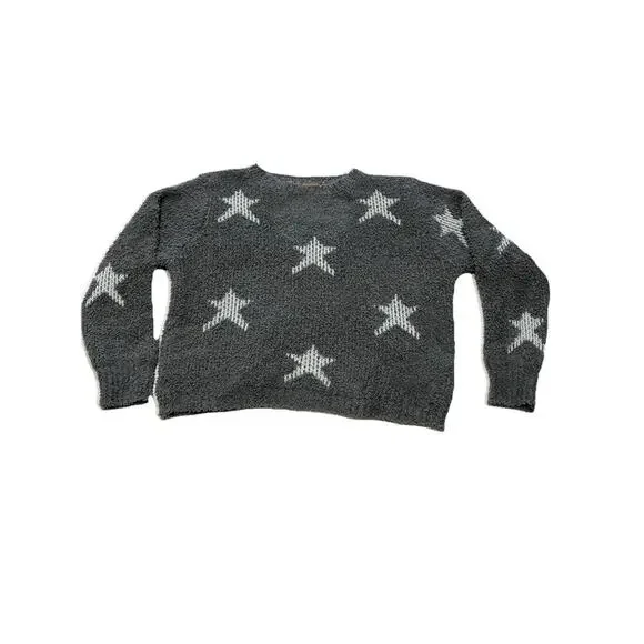 POL Relaxed Gray & White Star Patterned Sherpa Knit Sweater Soft Size M - Picture 2 of 11
